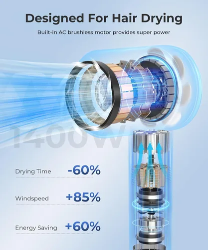 Vista 2 de Secador de Pelo, Secadores de Alta Velocidad de 100,000 RPM para Mujeres y Hombres, Secadores de Pelo con Difusor y Boquilla, Portátil para Viaje