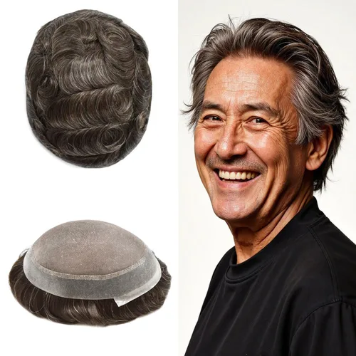 Vista 82 de Toupee para hombres Piezas de pelo fino mono para hombre Toupee sistema de reemplazo de pelo para hombres línea capilar natural para hombre postizo