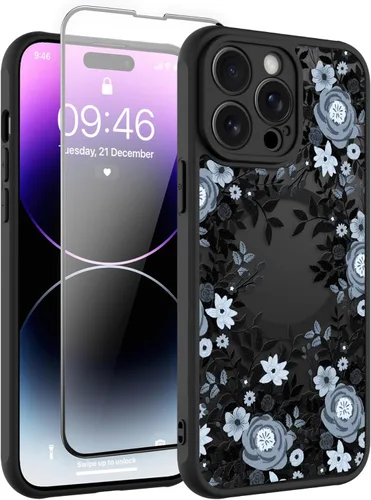 Vista 78 de Magnético para iPhone 13 con protector de pantalla [Compatible con MagSafe] Diseño de patrón floral de flores bonitas, funda delgada a prueba