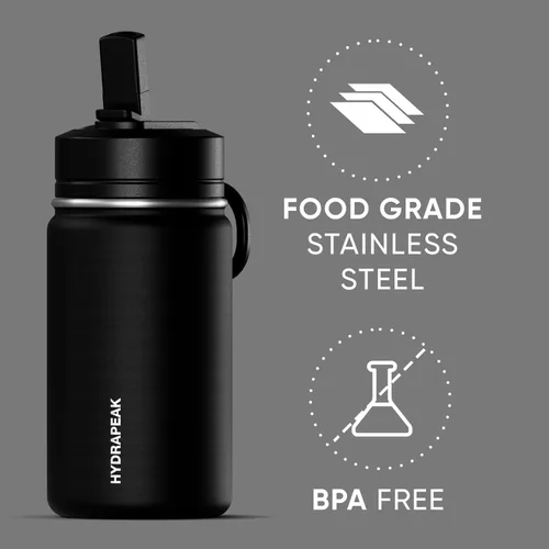 Vista 4 de Hydrapeak Mini botella de agua de 14 onzas con tapa con popote, botella de agua aislada de doble pared de acero inoxidable Botella de agua a Negro