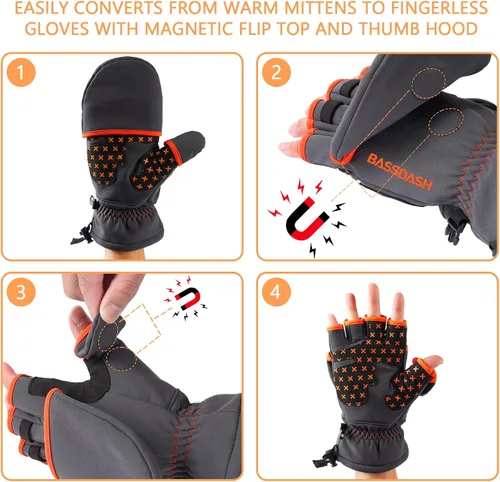 Vista 2 de BASSDASH WinteFlex Guantes de pesca en hielo aislantes con protección contra el frío, sin dedos, resistentes al agua para hombres y mujeres