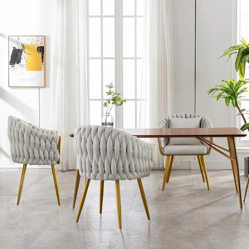 Vista 7 de BOSMILLER Sillas de comedor tejidas, modernas sillas de comedor con patas antideslizantes de metal dorado, respaldo alto curvado, silla de comedor
