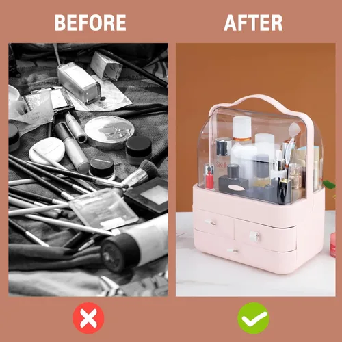 Vista 5 de Nervure Organizador de maquillaje rosa, caja de almacenamiento de cosméticos con tapa, organizador de maquillaje con cubierta libre de polvo y asa