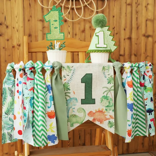 Vista 3 de Decoraciones de dinosaurio para el primer cumpleaños, cartel para silla alta para niño Dinosaurio Verde Uno