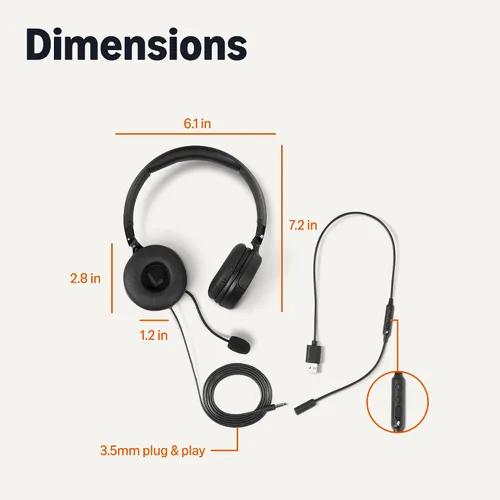 Vista 6 de Amazon Basics Auriculares con cable para computadora con micrófono ajustable, puerto de 0.1 in o control en línea con puerto USB-A, plegable, sonido