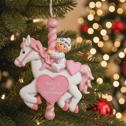 Vista 2 de Adorno personalizado para la primera Navidad del bebé, exquisito adorno de carrusel de bebé rosa con nombre del bebé, decoración personalizada