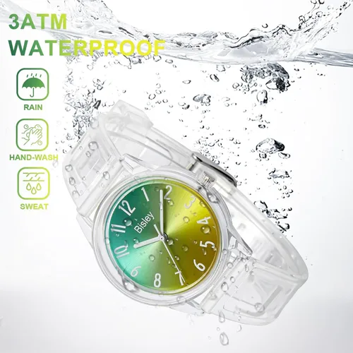 Vista 3 de Reloj transparente para mujer, colorido esfera de arco iris, reloj analógico, simple e impermeable para niñas