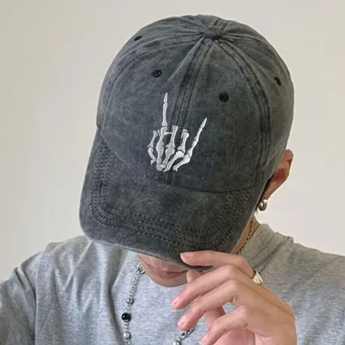 Vista 3 de Sombrero de mano unisex con esqueleto de calavera, bordado de huesos de Halloween, ajustable, de algodón lavado, gorra de béisbol de mezclilla