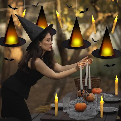 Vista 5 de Sombrero de bruja negro de Halloween con luz flotante iluminada con velas cónicas sin llama (con control remoto común) Murciélagos 3D calcomanías