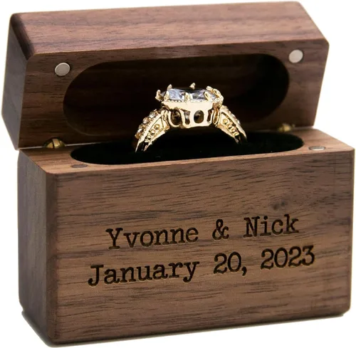 Vista 8 de MUUJEE Grow Old With Me Engraved Wooden Ring Box, Slim Engagement Proposal Ring Holder, Wedding Ceremony Ring Bearer Box, Fiance Gift Ideas