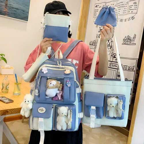 Vista 2 de Mochila Kawaii con colgantes y alfileres Kawaii, juego de 5 piezas, mochila kawaii para adolescentes y niñas, mochila escolar, Azul, Mochilas