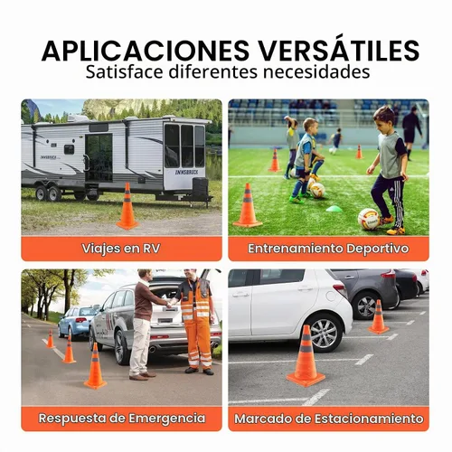 Vista 5 de VEVOR Conos de seguridad, paquete de 4 conos de tráfico plegables de 28 pulgadas, conos de construcción con collares reflectantes, base ancha y una