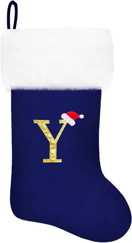 Vista 78 de Calcetines de Navidad bordados de 20 pulgadas con monograma, terciopelo negro con puño de felpa blanca supersuave, adornos clásicos para decoración