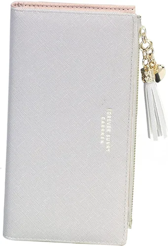 Vista 8 de Cartera delgada para mujer, bolso de mano, tarjetero con borla, bolsillo con cremallera Negro