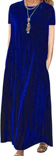 Vista 6 de Vestido de terciopelo para mujer, formal, casual, linda, cuello redondo, elegante, de manga corta, con bolsillo