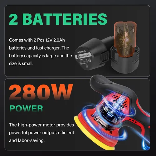 Vista 5 de NIHAO - Pulidor de búfer inalámbrico de 5 pulgadas con 2 baterías recargables de 12 V 2000 mAh y 15 accesorios adicionales, 8 velocidades variables