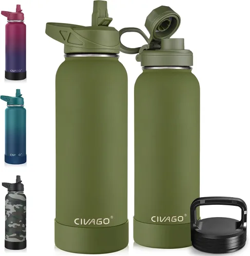 Vista 17 de CIVAGO Botella de agua aislada de 22 onzas con pajita, frasco de agua deportiva de acero inoxidable con 3 tapas