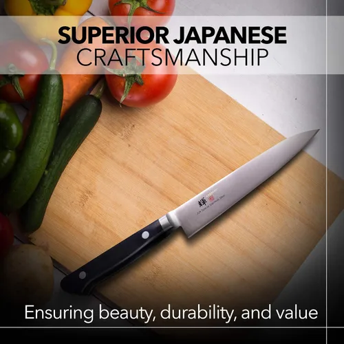 Vista 6 de Kagayaki - Cuchillo utilitario de acero inoxidable de alto carbono, 4.724 in (4.7 pulgadas), mango de madera Pakka