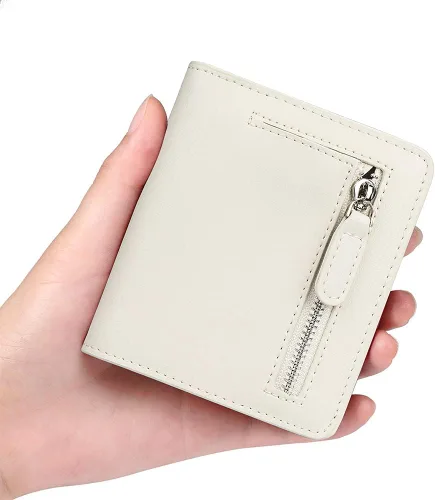 Vista 4 de Funtor Cartera de cuero para mujer, pequeña y compacta, con bolsillo doble, bloqueo RFID, para mujer