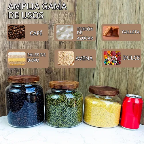 Vista 4 de 1 tarro de almacenamiento de vidrio con tapas herméticas, recipiente de café de 54 onzas líquidas (54.1 fl oz) con tapa de madera, recipiente
