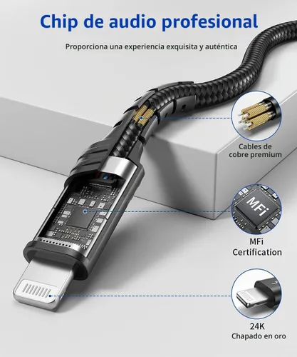 Vista 5 de JSAUX - Cable de audio Lightning a 0.138 pulgadas (3.5mm) de 3.3 pies, [certificado Apple MFi] auriculares para iPhone, cable auxiliar Lightning