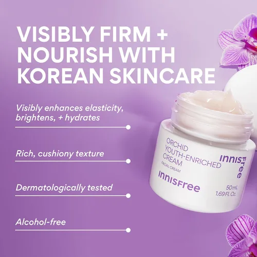 Vista 3 de innisfree Orchid Youth‑Enriched Cream Crema hidratante facial reafirmante coreana con ácido hialurónico y niacinamida para hidratar, cuidar