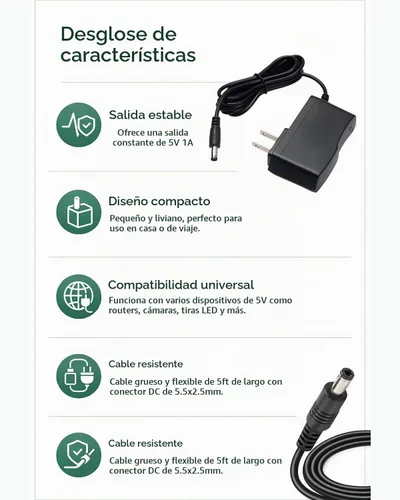 Vista 3 de Adaptador de corriente de repuesto 5V 1A Cable DC 0.2x0.1 in para Router