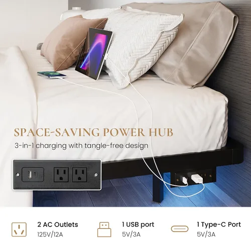 Vista 6 de SHA CERLIN Marco de cama flotante tamaño twin con luces LED inteligentes y estación de carga, cama de plataforma de metal resistente con diseño
