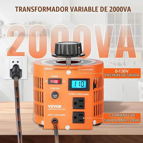 Vista 3 de VEVOR Transformador de voltaje variable automático 2000VA, 15.3 amperios, entrada de 110 V, 0-130 V, regulador de voltaje de CA, con pantalla LCD, 4