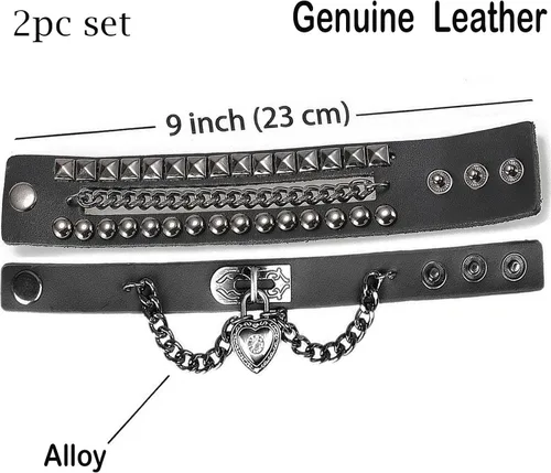 Vista 4 de Rivet Bracelet Multilayer Black Leather Cuff Heart Pendant Bangle Studded Chain Wrist Punk Sports Rock Bracelet Adjustable