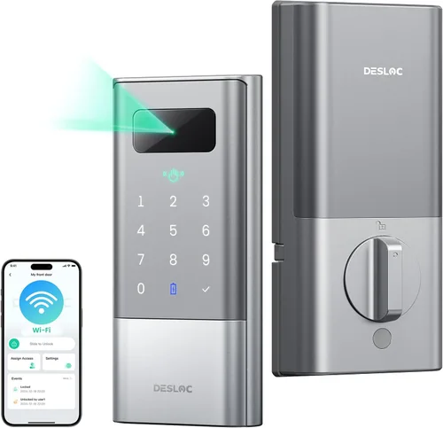 Vista 10 de DESLOC Smart Lock K140 Plus con reconocimiento de vena de palma, cerradura de puerta de entrada sin llave con cerrojo de teclado, control
