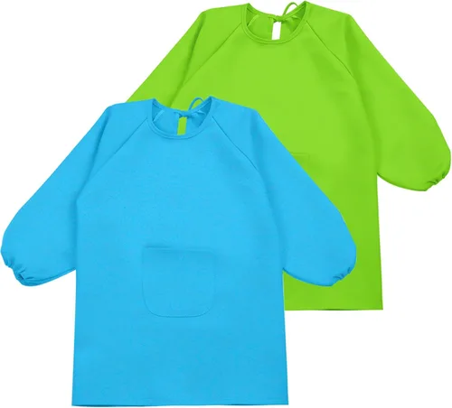 Vista 10 de Geyoga Delantal de manga larga impermeable para niños, con bolsillo, para clase escolar, de 3 a 8 años