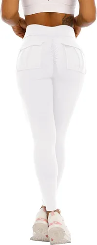Vista 2 de HIOINIEIY Leggings fruncidos con levantamiento de glúteos para mujer, cintura alta, pantalones de yoga con bolsillos