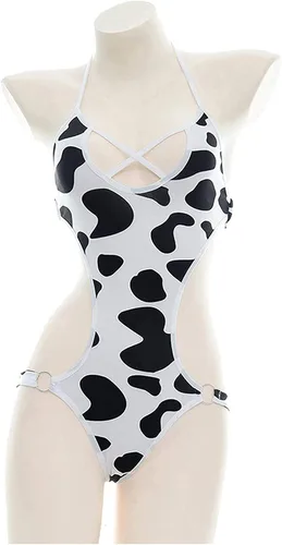 Vista 2 de KKmeter Disfraz de vaca para mujer, de malla transparente, conjunto de lencería de peluche, cuello halter, leotardo, delantal de sirvienta, traje