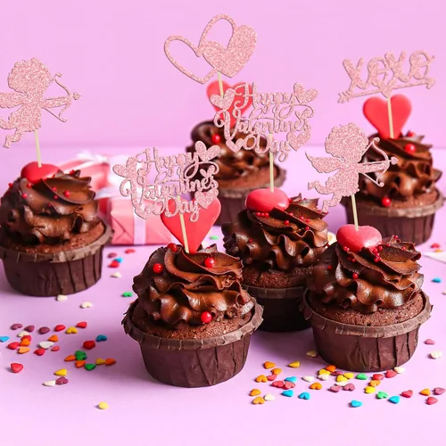 Vista 11 de Ephlyn 24 adornos para cupcakes con purpurina para el día de San Valentín, dulce amor, corazón, día de San Valentín, decoración para cupcakes