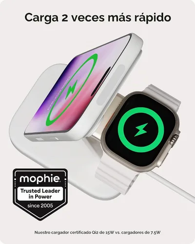 Vista 2 de Mophie Soporte de carga inalámbrico 2 en 1, certificado Qi2, cargador MagSafe para iPhone y Apple Watch, estación de carga rápida con soporte