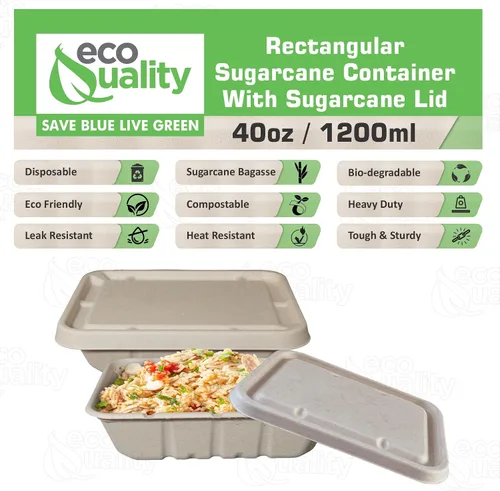 Vista 2 de EcoQuality Cuencos desechables de 40 onzas con tapas de fibra, cuencos rectangulares de papel biodegradable de fibra de caña de azúcar compostable