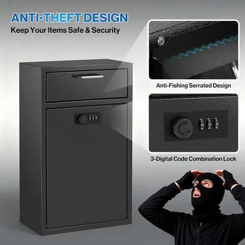 Vista 4 de Caja fuerte de buzón de pared con cerradura para negocios - Caja de seguridad resistente de 1.2mm con código - Caja de seguridad vertical a prueba