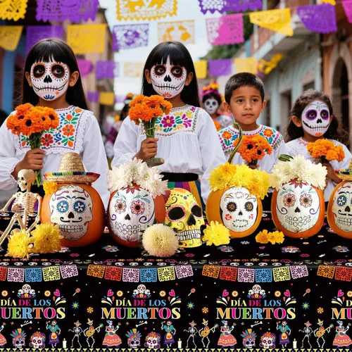 Vista 7 de 2 Piezas Mantel del Día de los Muertos - Mantel de Plástico Dia De Los Muertos, Mantel Desechable con Calavera de Azúcar Floral Cubierta de Mesa