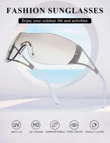 Vista 5 de kimorn Gafas de sol Y2K envolventes para mujeres y hombres, con escudo plano, tecnología futurista, sin marco, K1344