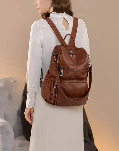Vista 2 de UTO Mochila de cuero vegano para mujer, diseño de moda, convertible con borla, para viajes, con borla