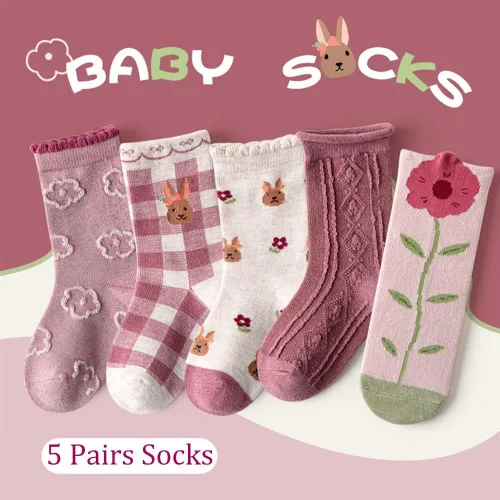 Vista 2 de SUITBOY Baby GirlsBoys Socks 5 Pack Toddler Cotton Socks with FlowerDinosaur Print Little Kids Ankle Socks