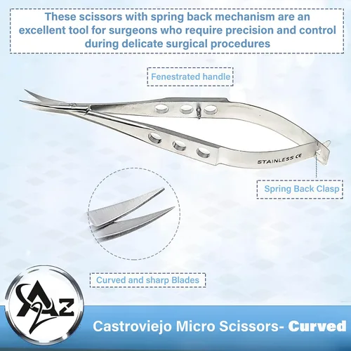 Vista 8 de Castroviejo Micro Tijeras 3.5" Curvado, Mango Plano Fenestrado