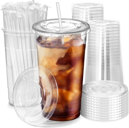 Vista 10 de Fit Meal Prep Paquete de 100 vasos de plástico transparente de 12 onzas con tapas planas, tazas desechables para café helado, sin BPA, taza