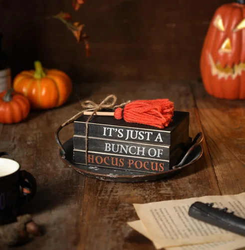 Vista 5 de Pila de libros de madera de Halloween, paquete de libros falsos Hocus Pocus, bandeja escalonada de Halloween para decoración de mesa del hogar