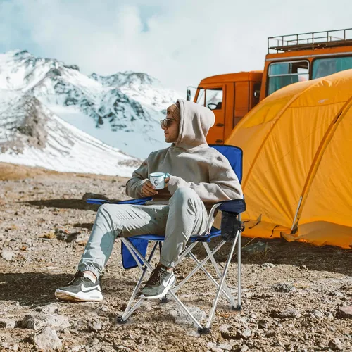 Vista 2 de Silla de camping Elevon, silla plegable portátil al aire libre con brazos, soporte para tazas y bolsa de transporte