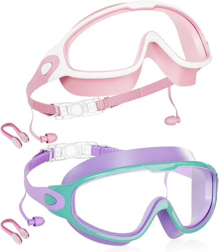 Vista 10 de Aegend Nuevo paquete de 2 gafas de natación de visión amplia para niños, gafas antivaho/anti-UV sin fugas con tapones para los oídos para niños de 3