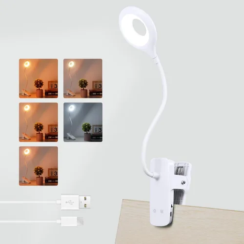 Vista 11 de Akynite Lámpara de escritorio LED con clip, 5 modos, 5 brillos regulables, luz de abrazadera regulable, batería recargable, lámpara de lectura