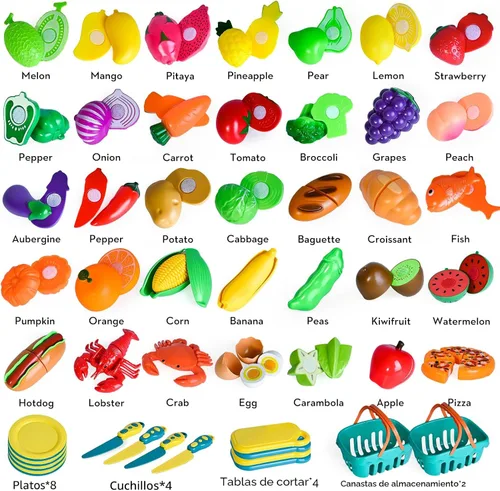 Vista 2 de 100 PIEZAS Juguetes de Comida para Cortar para Cocina Infantil, Juguetes de Comida de Simulación para Niños Pequeños, Accesorios de Juguetes