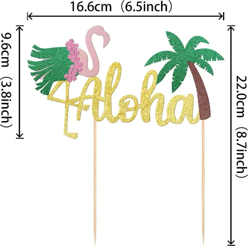 Vista 2 de 1 decoración para tarta de Aloha con purpurina para baby shower, paleta, palmera, flamenco, decoración para verano, hawaiano, Luau, tropical, Aloha